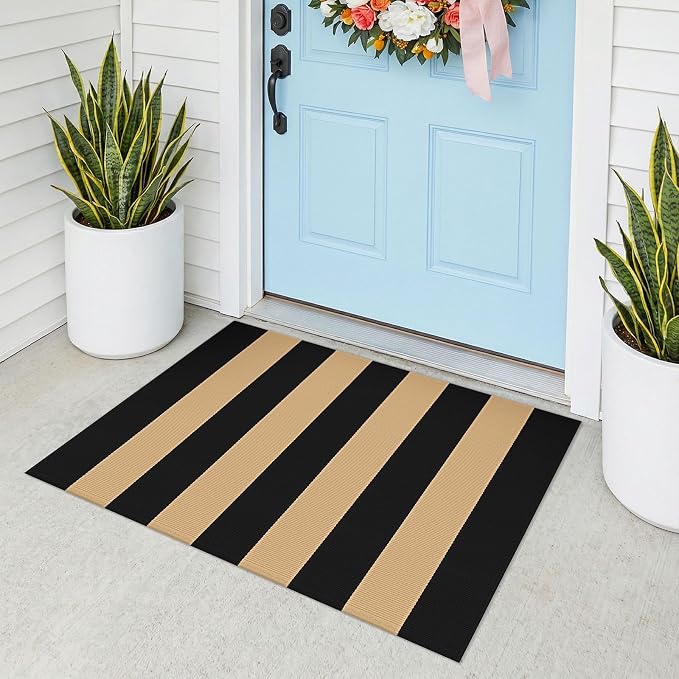KOZYFLY Striped Rug 2x3 ft Brown and Black Stripes Doormat Cotton Woven Washable Indoor Outdoor Rug Front Door Mat for Entryway Porch Kitchen Patio Decor Small Area Rugs