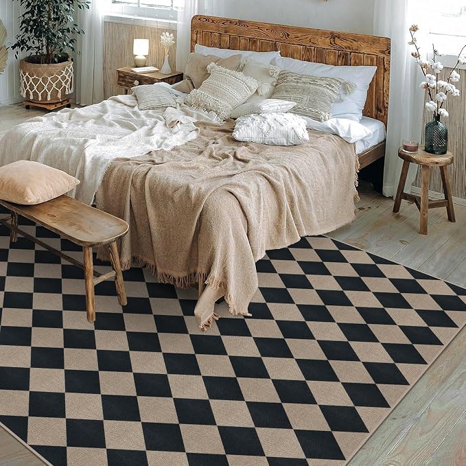 Rugalia Easy Jute Black Checkered 8x10 Area Rug, Washable Modern Outdoor Rug for Patio Non-Slip Diamond Rugs for Living Room, Neutral Farmhouse Floor Carpet for Bedroom Dining Room Classroom