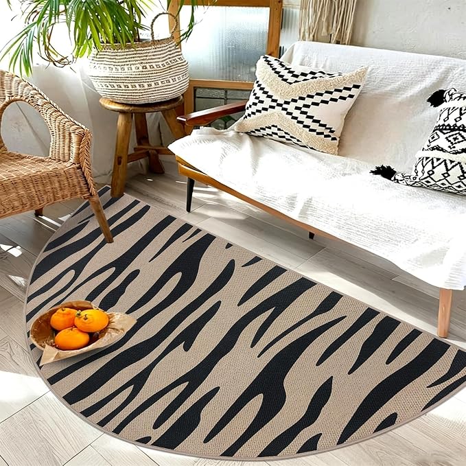 Faux Jute Rug 2.6x5Ft Half Circle Zebra Stripe Doormat Easy Jute Carpet for Farmhouse Bedroom Kitchen, Non-Slip Half Round Floor Mat for Living Room Kids Room Indoor Outdoor Decor, Black 6
