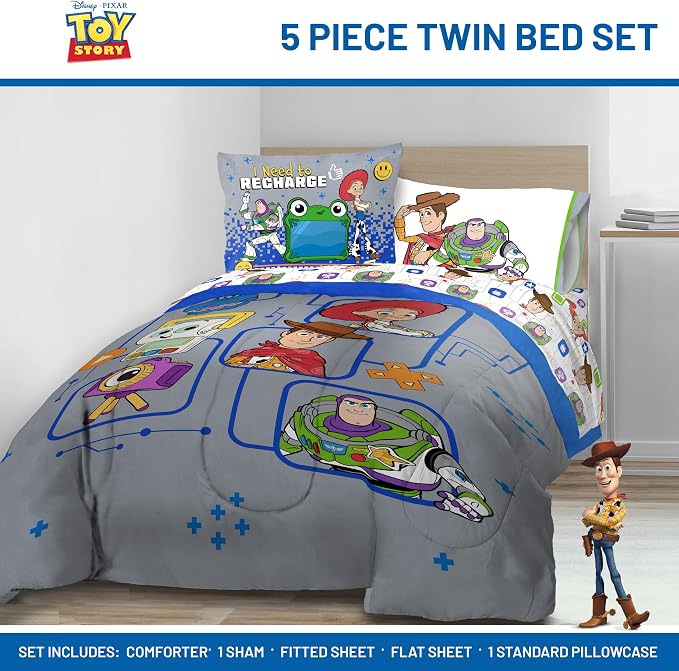 Jay Franco Kids Comforter Set Includes Sheets and Pillow Covers - Soft and Cozy Bed Set for Stylish Room Decor, Official Licensed Bedding, Grey - Toy Story, 5 Piece Twin