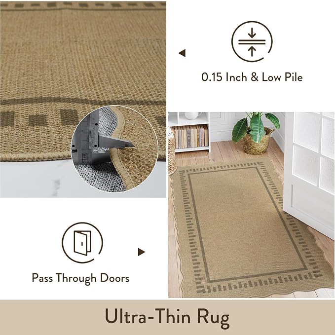 LIVEBOX Scalloped Washable 2x6 Runner Rug, Easy Jute Outdoor Rug Kitchen Tan Rugs for Entryway Hallway, Indoor Non Slip Rugs Farmhouse Geometric Modern Carpet for Laundry Room Bedroom Door Mat Porch