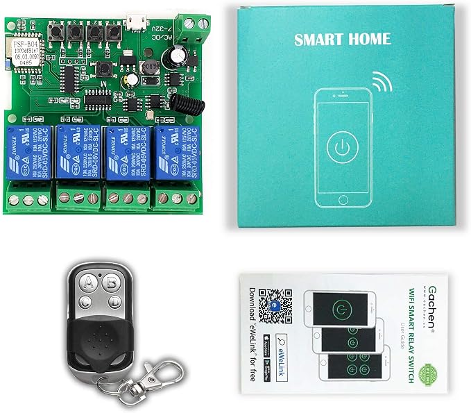 4 Channels WiFi Wireless Smart Switch Inching Self-Locking Relay Module,for DIY Access Control, Garage Door Opener with 433RF Remote Control （Ewelink App）