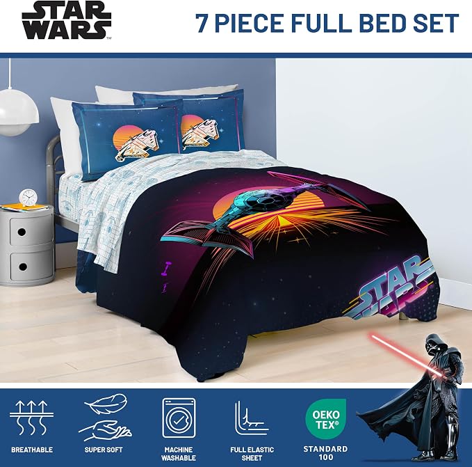 Jay Franco Star Wars Full Comforter Set 7 Piece Soft Bedding for Boys, Blue | Bed in a Bag, Comforter Sheets Shams Pillowcases, Official Product, Soft Microfiber, Machine Washable, Boys Gift