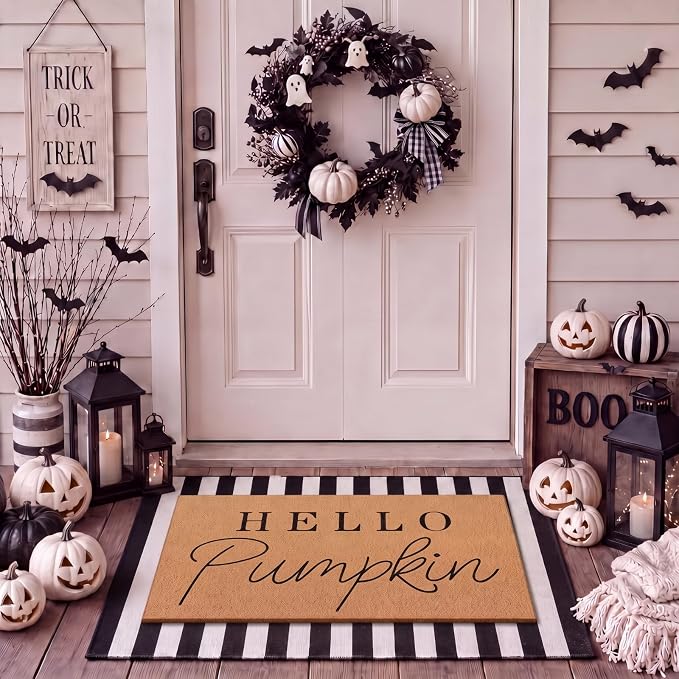 Tinideya 2 Pcs Fall Pumpkin Layering Door Mat, Hello Pumpkin Welcome Coir Mats with Black and White Non Slip Rug for Autumn Front Porch Entryway Decor