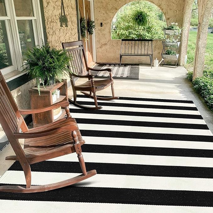 Collive Black and White Rug 4'x 6', Washable Striped Outdoor Indoor Rug,Farmhouse Cotton Woven Layered Door Mat,Fall Front Porch Decor Door Mat for Front Door Patio Porch Living Room Kitchen