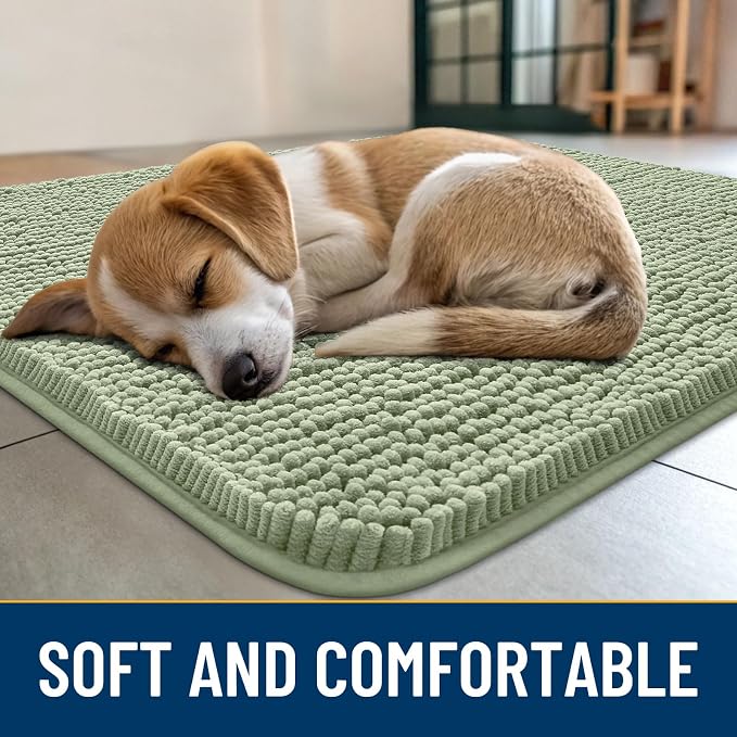 Smiry Dog Door Mat for Muddy Paws 71x46, Absorbent Dirt Trapper, Non-Slip Washable Chenille Entryway Rug for Inside Floor, Sage Green, Classic Solid
