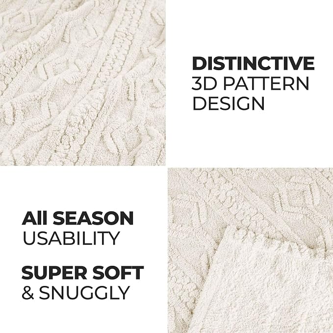 SUPERIOR Fleece Boho Jacquard Blanket, Decorative Blankets for Bedroom, Sofa, Fuzzy, Plush, Fluffy, Soft, Cute Room Decor, Beautiful Cover, Comfort Essentials, Arctic Collection, Throw XL, Ivory