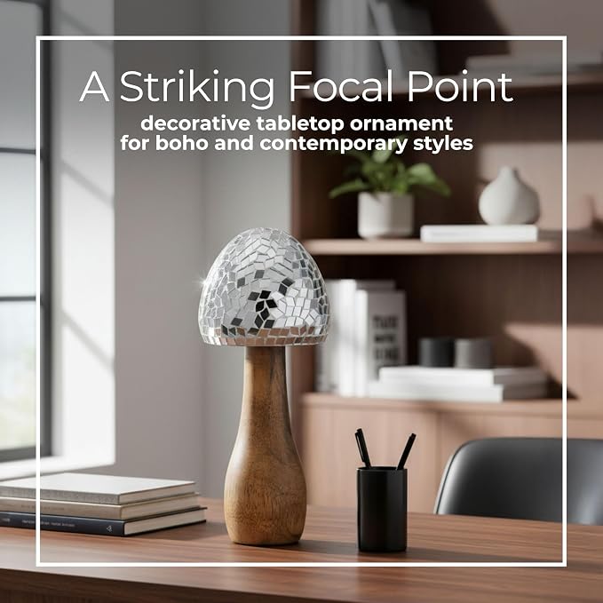 Mango Wood Mushroom Figurine Sculpture – Room Decor Accent for Shelf, Console, or Desk Placement, Boho Home Decor Mosaic Design Detail – 8", Silver and Natural Wood Finish