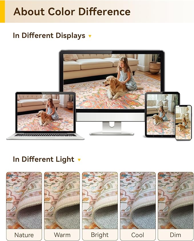 Area Rugs Square 4ft Washable Non-Slip, Floral Vintage Distress Print Pattern Medallion Carpet for Living Room Bedroom Dining Room, Light Pink Colorful