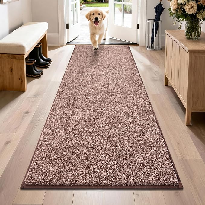 PURRUGS Dirt Trapping Door Mat 31.5" x 70", Non-Slip Machine Washable Entryway Rug, Dog Doormat, Indoor Front Door Mat, Super Absorbent Entry Rug for Muddy Shoes & Paws, Brown-Light Cream