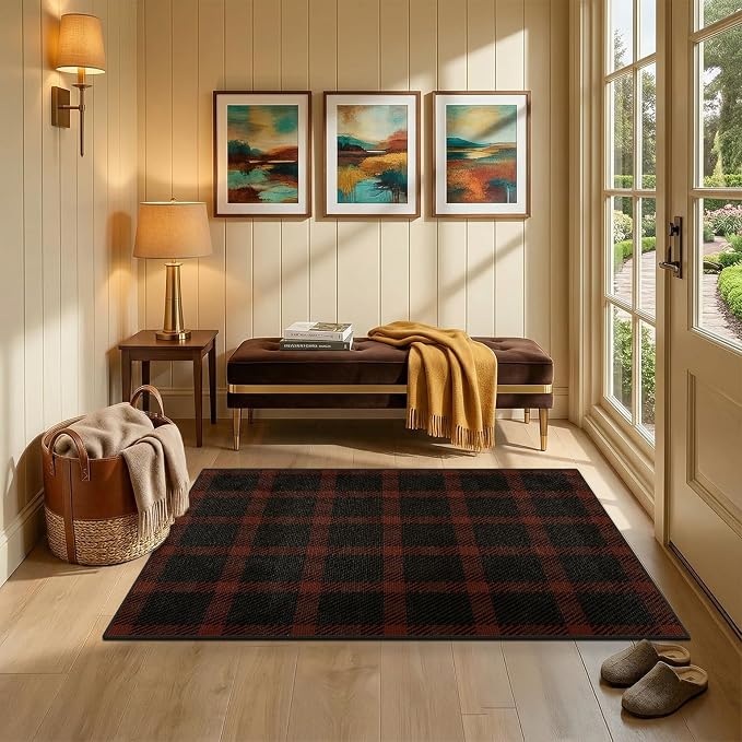 3x4 Entryway Door Mat Indoor – Washable Non Slip Small Rug for Front Door, Kitchen Sink, Mudroom, Garage Entry, Low Profile Easy Clean Farmhouse Plaid Floor Mat