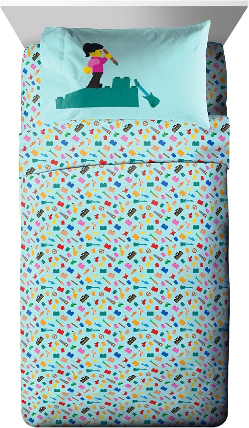 LEGO® Blocks Twin Comforter Set 5 Piece Soft Kids Bedding, White | Bed in a Bag, Comforter Sheets Sham Pillowcase, Official Product, Soft Microfiber, Machine Washable, Easy Care, Kids Gift