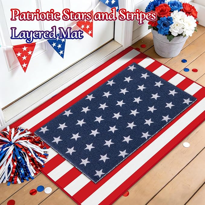 2PCS 4th of July Door Mat Combination, Patriotic Stars and Stripes Front Porch Decor, Independence Day Layered Welcome Mat, Red White and Blue Outdoor Rug for Memorial Day Entryway Decoration