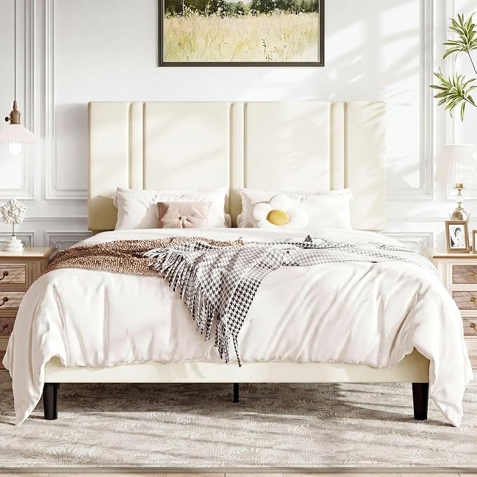Allewie Queen Platform Bed Frame with Adjustable Headboard | Plush Velvet Upholstered, Vertical Channel Tufted, Sturdy Wood Slats, No Box Spring Needed, Easy Assembly, Cream