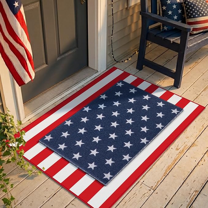 2PCS 4th of July Door Mat Combination, Patriotic Stars and Stripes Front Porch Decor, Independence Day Layered Welcome Mat, Red White and Blue Outdoor Rug for Memorial Day Entryway Decoration