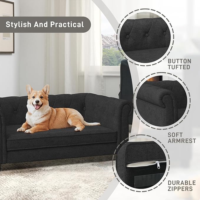 Dog Sofa Couch for Medium Dogs, Memory Foam Pet Sofa Couch with Washable Fabric, Durable Elevated Dog Bed with Legs, Removable Cushion for Medium Dogs, Black
