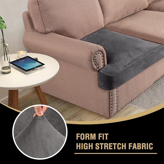 H.VERSAILTEX Stretch Velvet 2 Piece T Cushion Sofa Slipcovers - Individually Fitting Cushion Covers for 2 Cushion Couch - Stay in Place (Grey)