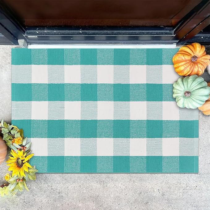 Spring Rugs Green and White Plaid, 28” x 43” Area Rug Outdoor Indoor Easter Front Porch Door Mats Cotton Hand-Woven Layered Doormat for Entryway Patio Entryway Laundry Bedroom Living Room