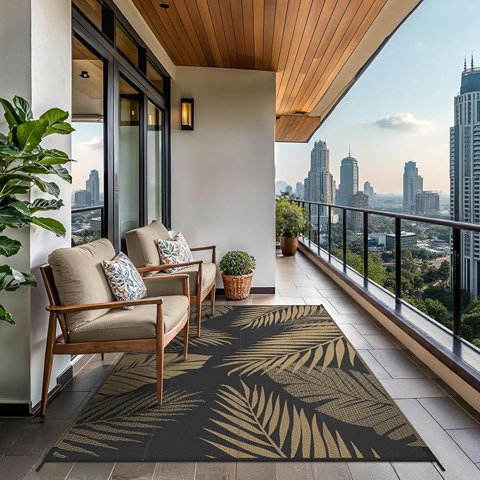 GENIMO Outdoor Rug, Waterproof Plastic Rugs for Patio, 6'x9' Black Brown | Outside Larger Leaf Carpet Mat for Porch Decor, Deck, Balcony, Camping, RV, Backyard, Picnic, Beach, Reversible, Foldable