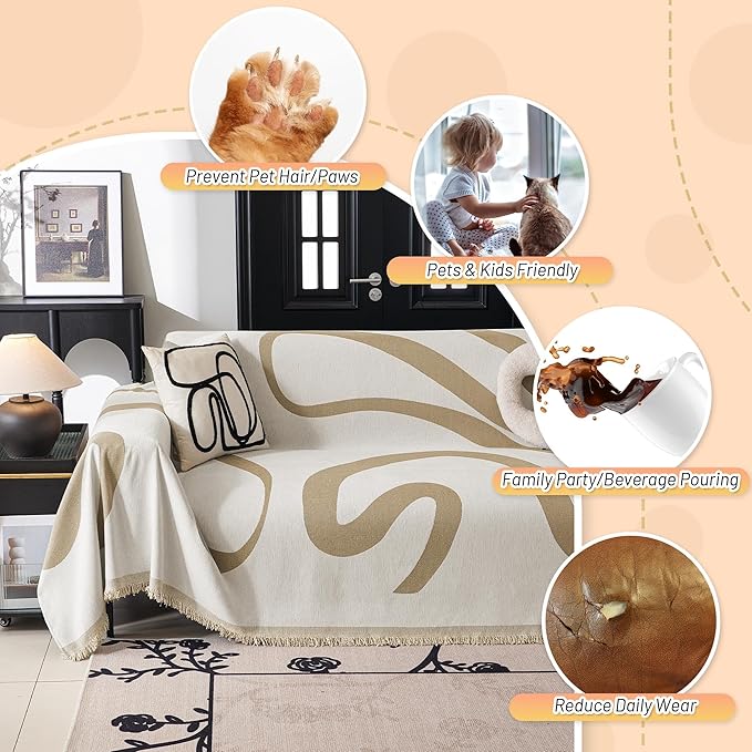 MYSKY HOME Couch Cover for 3 Cushion Sofa, Super Soft Boho Couch Covers for Dogs Washable, Jacquard Slipcover Furniture Protector for Living Room, 91" x 118", Khaki Curve