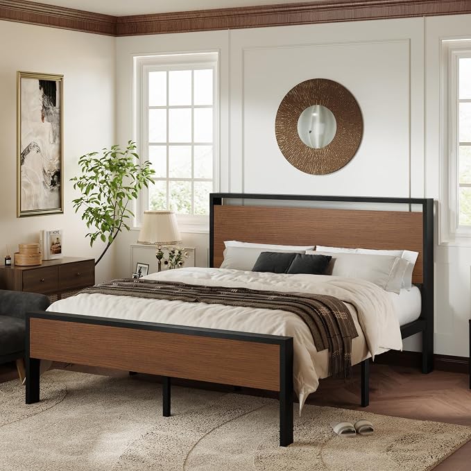 Allewie Queen Size Bed Frame, Heavy Duty 12 Metal Slats Support, Walnut | Wooden Headboard and Footboard, Modern Platform Bed, No Box Spring Needed, Under-Bed Storage, Noise Free, Easy Assembly