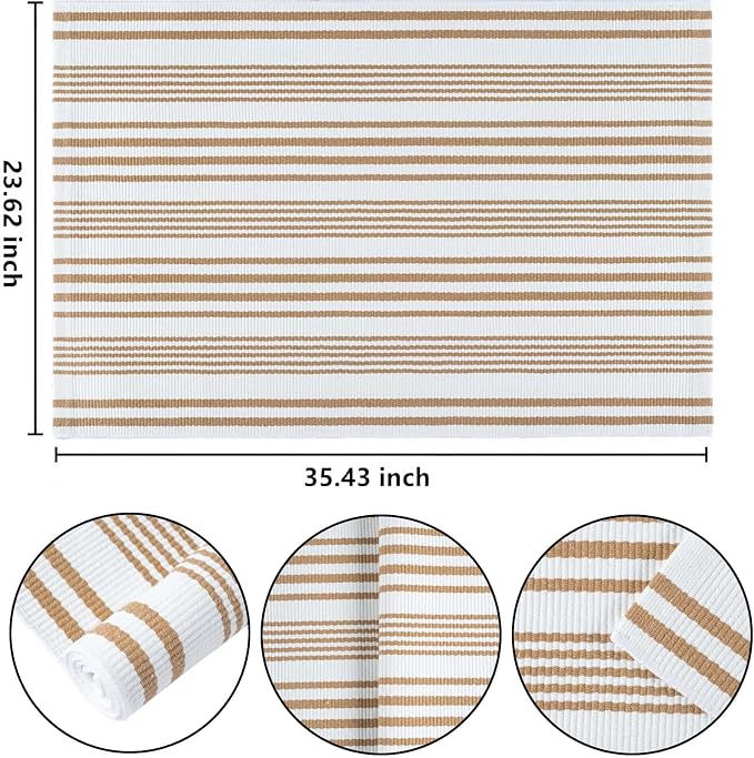 Khaki and White Striped Outdoor Rug 24'' x 51'' Front Porch Rug Hand-Woven Machine Washable Indoor/Layered Door Mats for Entryway/Bedroom
