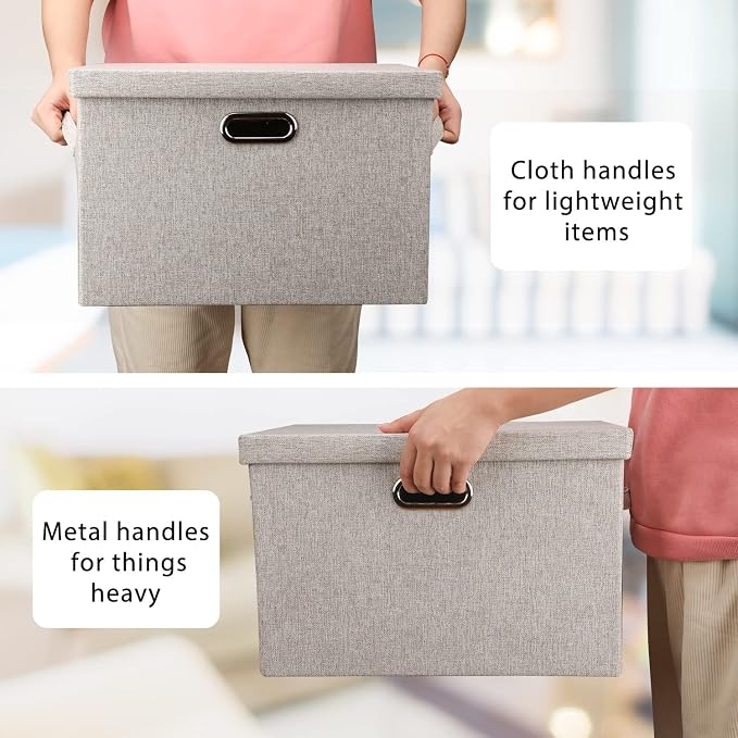 Storage Bins with Lids Fabric Closet Organizers Cubes Office Organization | 36 Quart 5 Pack Beige Collapsible Stackable Linen Fabric 4 Handles Bedroom Closet Cabinet Under Bed Clothes Toy Office File