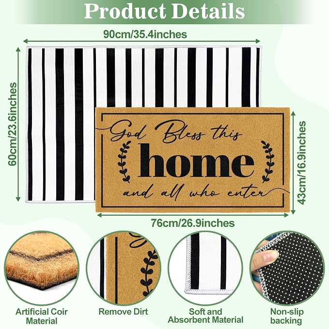 2 Pcs Coir Door Mat Welcome Mats for Front Door Black White Striped Layering Rug for Porch Outdoor Entrance Doormats Non Slip God Bless Matt for Religious Gifts Christian Rugs for Patio 23.6"x35.4"