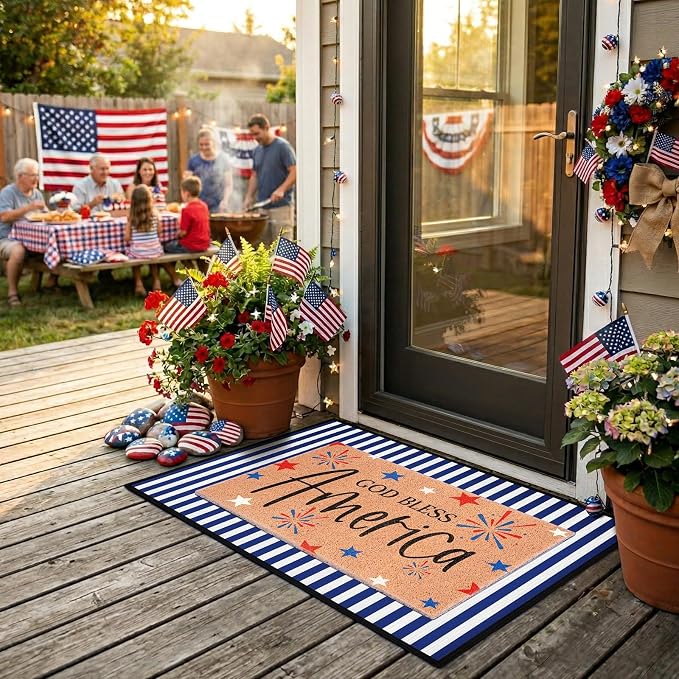 2 Pcs God Bless America Door Mats, 4th of July Patriotic Welcome Mat Non-Slip Coir Doormat with Blue White Stripes, Layered Rug for America 250th Anniversary, Front Porch Entryway Decor