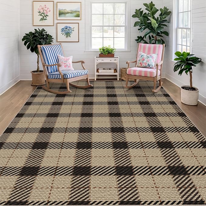 Jute Rug 6x9 for Living Room, Washable Black and Brown Rug for Dining Room, Indoor Outdoor Geometric Non Slip Vintage Farmhouse Carpet for Camping, Classic Beige Plaid Décor