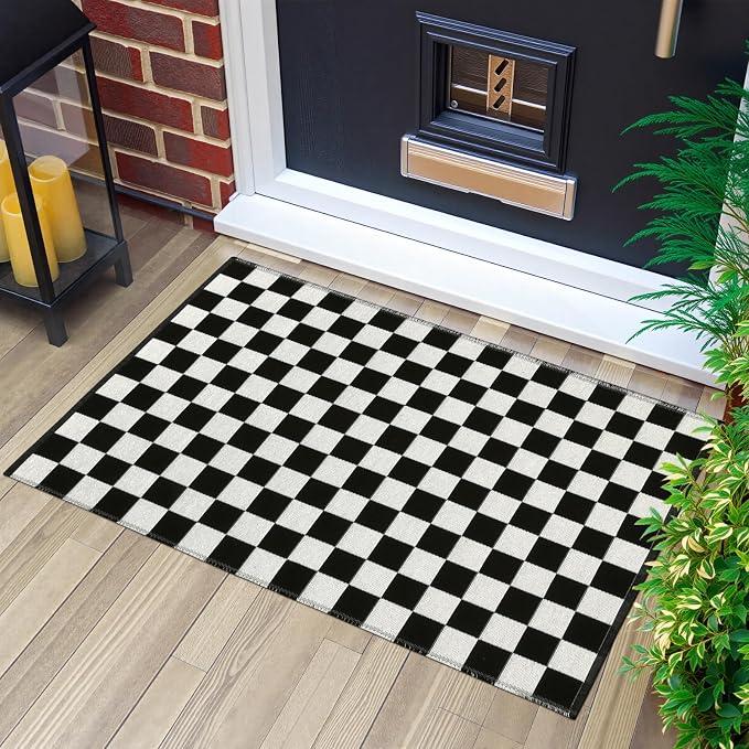 Seavish Checkerboard Rug, 2x3 Ft Black and White Checkered Outdoor Door Rug | Washable Cotton Woven Washable Outdoor Door Rugs, Reversible Floor Mat for Front Door Bedroom Entryway Kitchen