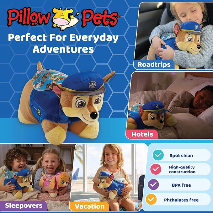 Pillow Pets Nickelodeon Paw Patrol Chase, 11" Sleeptime Lite | Plush Pillow and Night Light in One, Projects Rainbow Stars, 3 Light Modes, 20-Minute Auto-Off Timer, BPA Free