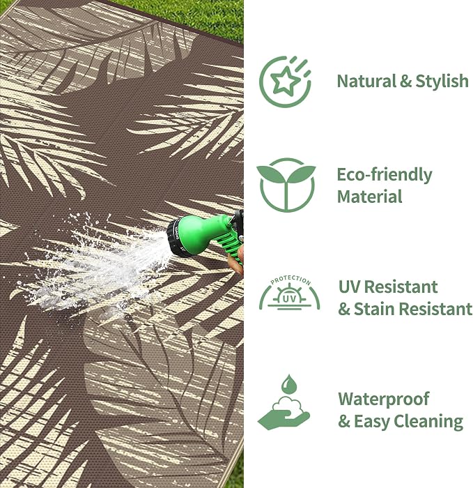 GENIMO Outdoor Rug, Waterproof Plastic Rugs for Patio, 6'x9' Cocoa Beige | Outside Larger Leaf Carpet Mat for Porch Decor, Deck, Balcony, Camping, RV, Backyard, Picnic, Beach, Reversible, Foldable