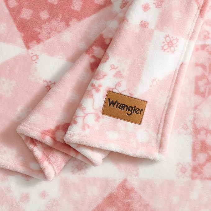 Wrangler - Throw Blanket, Ultra Soft Plush Reversible Bedding, Americana Inspired Patchwork Soft Blanket for Couch or Bed (Rodeo Patchwork Dusty Canyon Pink, 60" x 70")