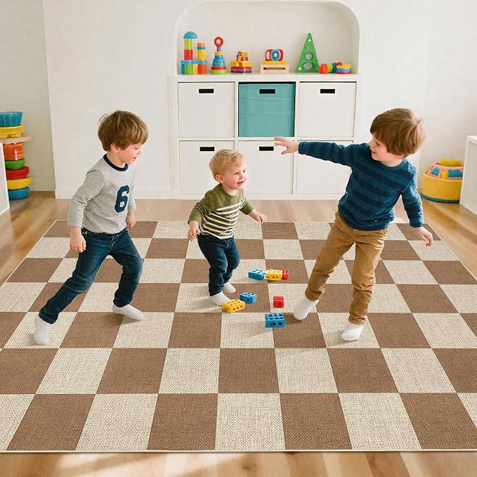 COZYLOOM Checkered Rug 5x7 Washable Area Rug for Bedroom, Modern Easy Jute Rugs with Non Slip Backing, Stain Resistant Indoor Outdoor Mats for Living Room, Dining Room, Patio, Coffee