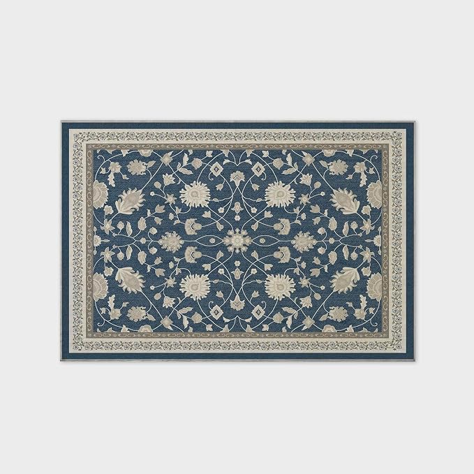 EVERGRACE Area Rugs for Living Room 4x6, Boho Floral Faux Wool Indoor Outdoor Rugs, Washable Rugs for Bedroom Entryway Dining Room Hallyway, Low Pile Floor Mat Carpet for Home Decor, Navy Blue