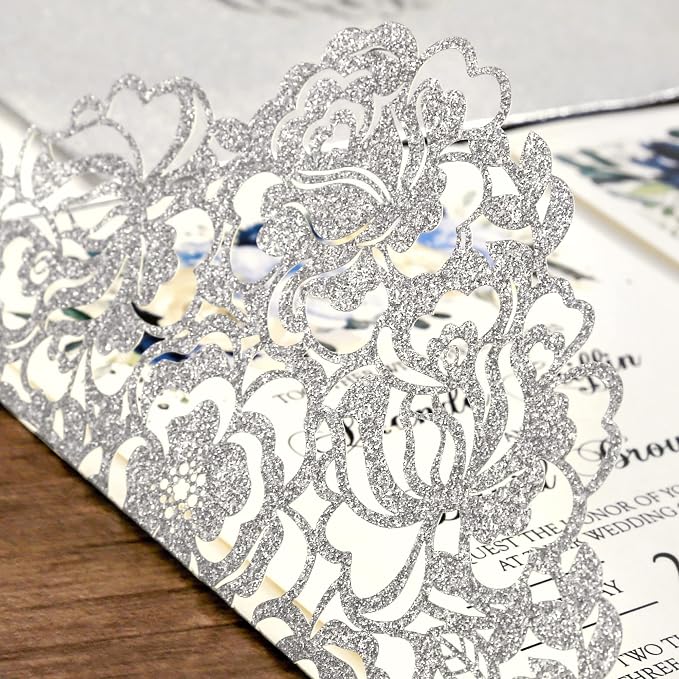 DORIS HOME 50Pcs Personalized Laser Cut Wedding Invitations, Silver Glitter | 4.7"x7.1", Customized Anniversary Invitations, With Envelopes