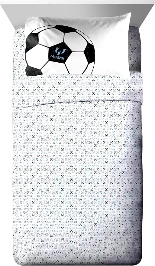 Messi Twin Comforter Set 5 Piece Kids Sports Bedding for Boys, White | Bed in a Bag, Comforter Sheets Sham Pillowcase, Official Brand, Soft Microfiber, Machine Washable, Easy Care, Boys Gift