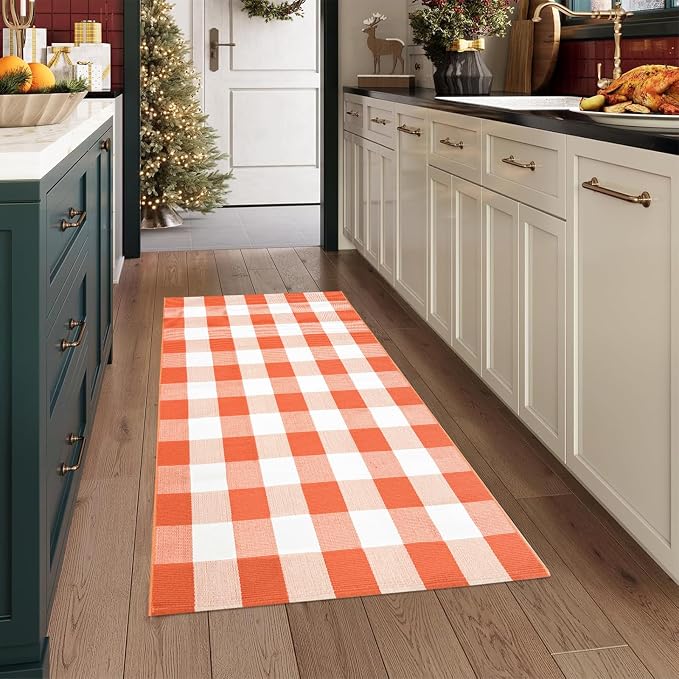 USTIDE Buffalo Plaid Outdoor Rug 3'x5' Orange White Washable Checkered Area Rug for Porch, Deck, Balcony, Camping, Farmhouse Outdoor Decor