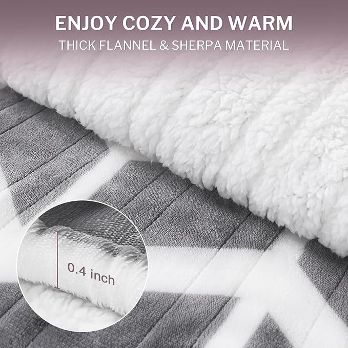 Heated Throw Blanket, 5 Heat Levels & 3 Hours Auto Off, Grey | ETL & FCC, fast warming, 50" x 60", flannel and sherpa, couch office use, machine washable, removable controller