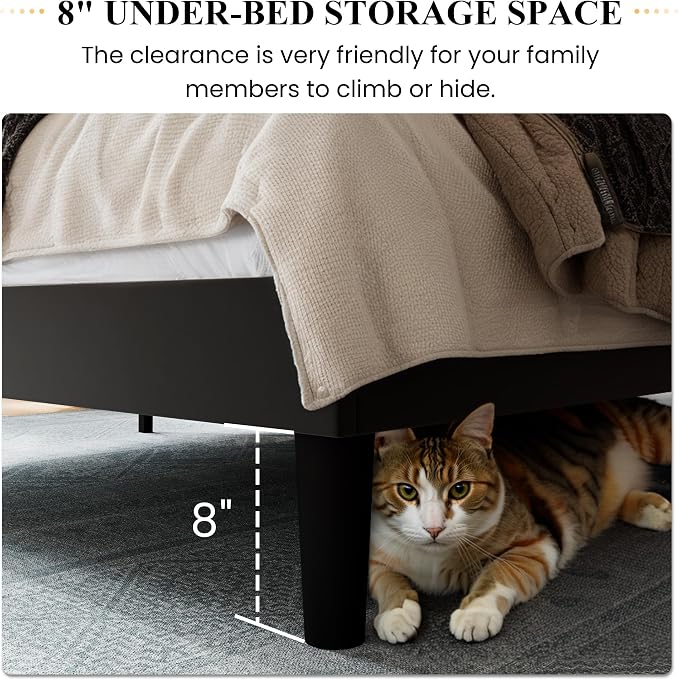 SHA CERLIN Queen Size Velvet Bed Frame, Tufted Wingback Headboard, Black | 47'' Modern Vertical Channel Headboard, Upholstered Platform Bed, Wood Slats, No Box Spring Needed, Easy Assembly, Noise Free