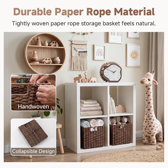 StorageWorks 9 inch Cube Storage Bins,Wicker Baskets for Storage,Brown | 2-Pack,Handwoven Wicker Storage Cubes,Paper Rope Square Cube Organizer Bins,Foldable,Baskets for Organizing,9x9 Storage Cube