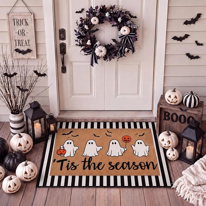 Tinideya 2 Pcs Halloween Layered Doormat Set, Cute Ghost Coir Doormat and Black White Striped Rug, Non Slip Fall Porch Decor for Entryway Patio Outdoor Decor