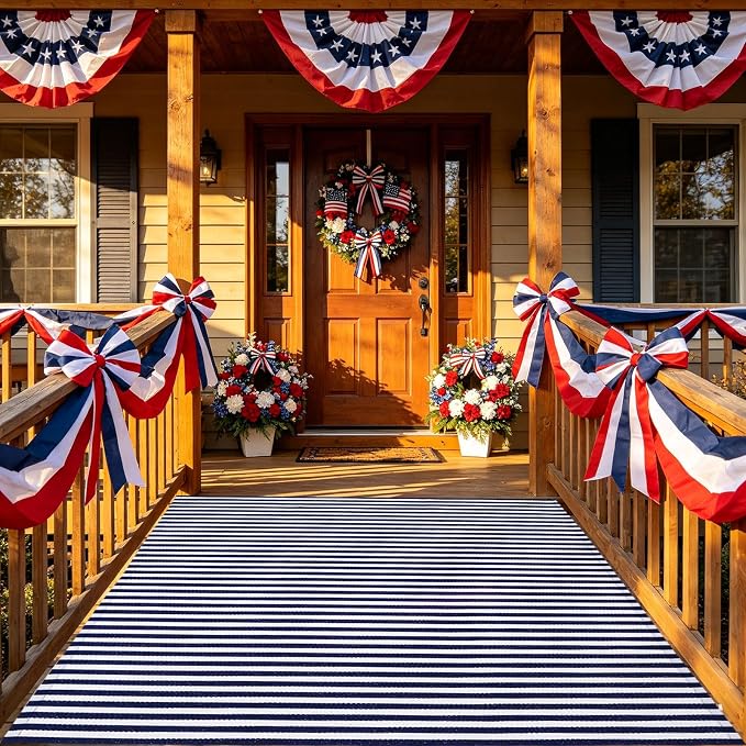 CAINANEL Blue and White Striped Rug 4th of July Door Mat 4' x 6' Summer Front Porch Rug Independence Day Welcome Doormats for Farmhouse Entrance Porch Outdoors Decor (Blue and White, 4' x 6')