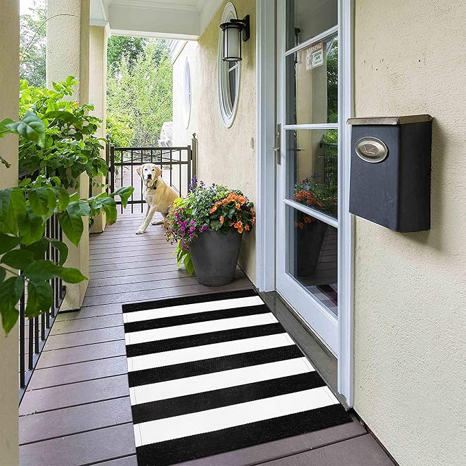 Collive Black and White Outdoor Striped Rug 24"x 51", Cotton Woven Fall Front Porch Rug Decor,Washable Front Door Rugs, Farmhouse Layered Door Mats Outdoor for Entryway Entrance