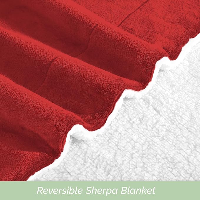 Elegant Comfort Ultra Soft Reversible Flannel Sherpa Blanket - Cozy Silky Fleece Throw for Couch, Bed - Plush Fuzzy Warm Winter Blanket for Gift, Full, Red