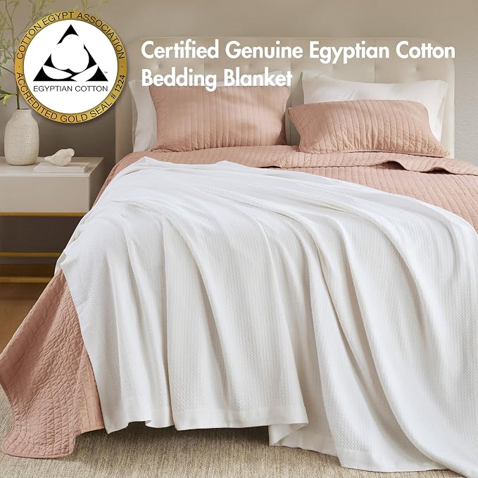 Madison Park 100% Egyptian Cotton Twin Size Bed Blanket for Summer White | Cozy Soft Breathable Durable, Waffle Weave Woven Casual, Lightweight Knit All Season Throw for Bed Couch or Sofa, OEKO TEX