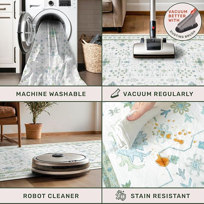 Hazo Haus Washable Oushak Bathroom Runner Rug 2x5 - Eclectic Boho Floral Pastel, Non Slip Low Pile Stain Resistant Small Throw Rug for Bedroom, Laundry Room, Powder Room, Cream Green