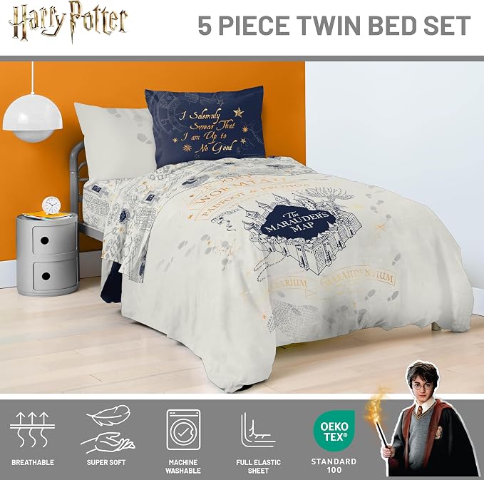 Harry Potter Twin Comforter Set 5 Piece Soft Fantasy Bedding, Beige | Hogwarts, Bed in a Bag, Comforter Sheets Sham Pillowcase, Official Product, Soft Microfiber, Machine Washable, Gift
