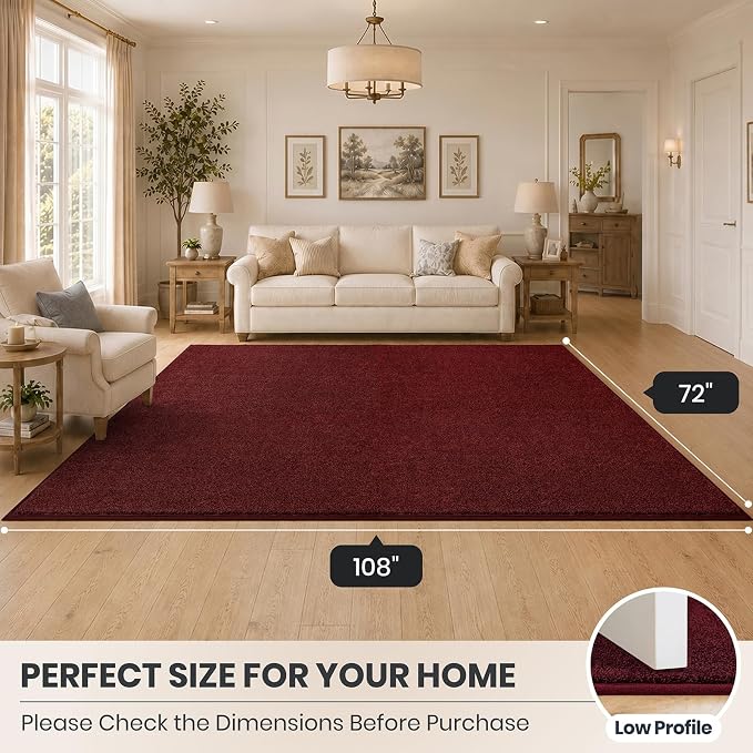 PURRUGS Easy Care Area Rug 6ft x 9ft, Non-Slip Washable Entryway Rug, Stain Resistant Accent Rug for Hallway, Living Room, Bedroom and Mudroom, Burgundy Red